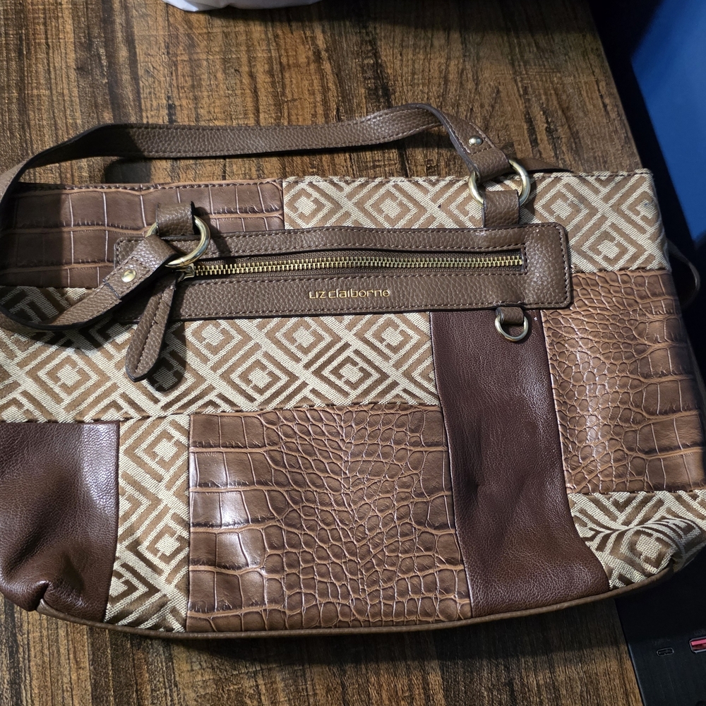 Liz Claiborne Geometric and Croc-Embossed Brown Tote